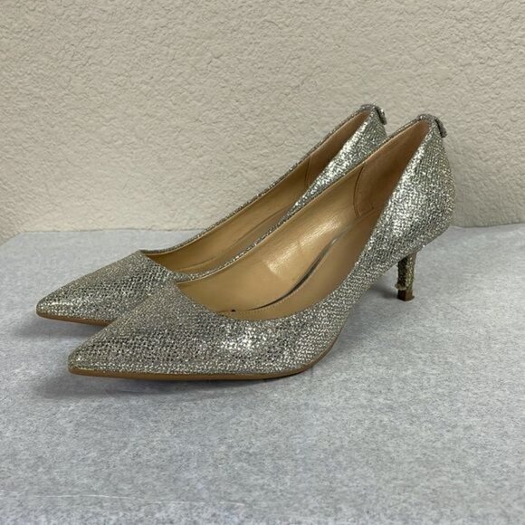 Michael Michael Kors Silver Glitter Flex Pointed Toe Kitten Heels Pumps Sz 6.5 - Picture 7 of 12